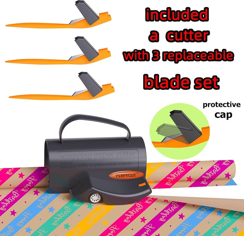perfycut Wrapping Paper Cutter with 3 Replaceable Blade Sets for Birthday Paper Gift Wrapping Paper Roll Cutter and Christmas Wrapping Paper Cutter Tool Tube Holder Slidding Slicing. - Image 3